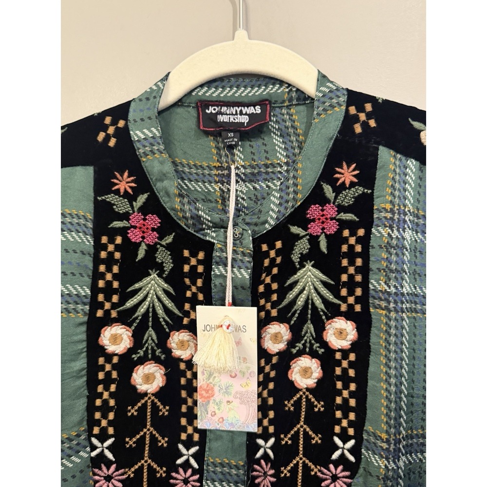 JOHNNY WAS Viviana Tuxedo Yoke Shirt Tunic Shift Dress Sz XS Embroidered Plaid - Picture 3 of 4